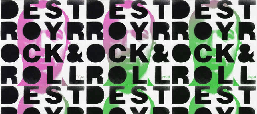 Cover art collage of Mylo Destroy Rock & Roll